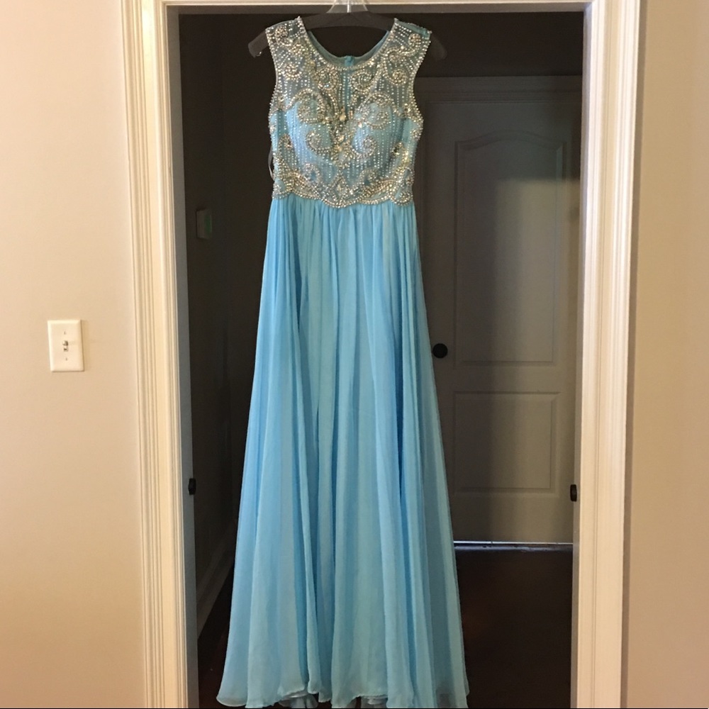 Aqua sequined bodice prom dress